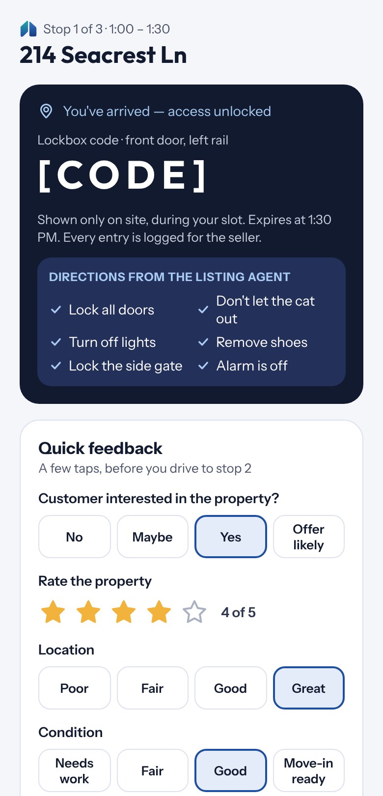Arrival screen with the lockbox code and the listing agent's directions