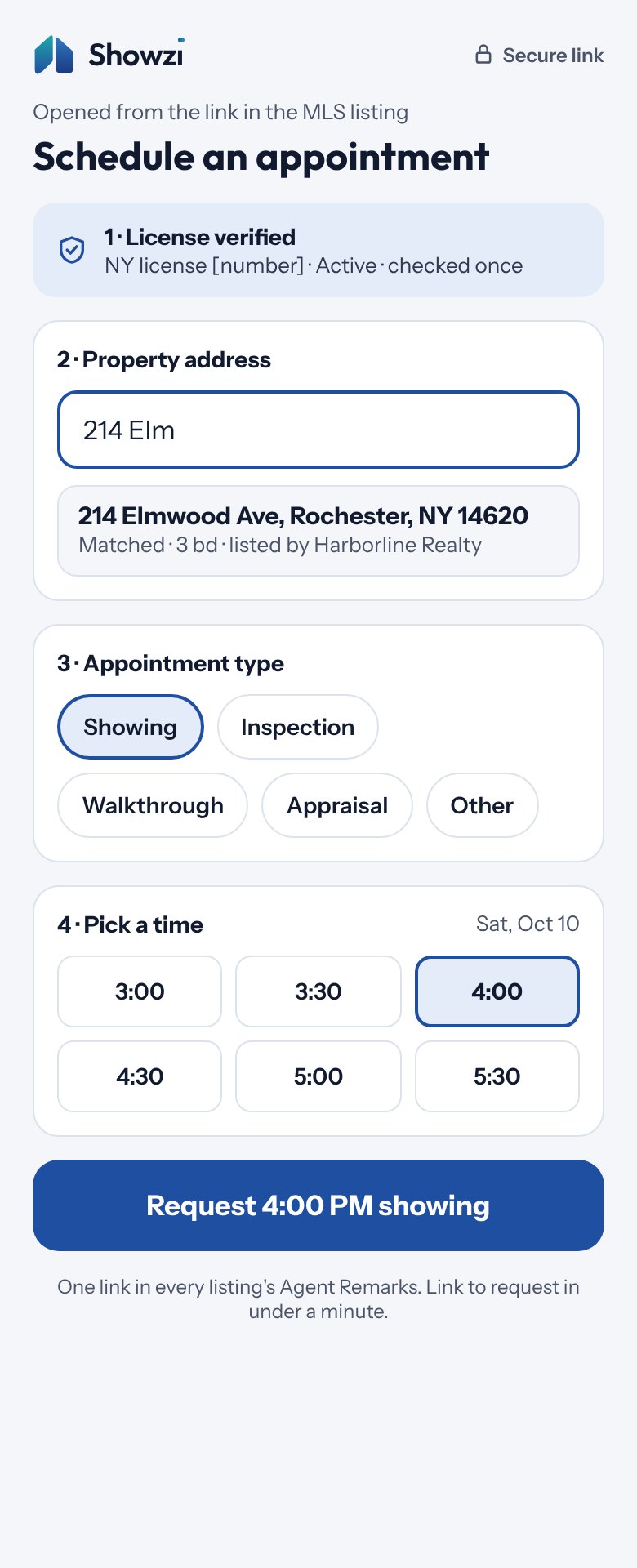 Booking screen with appointment types and open times