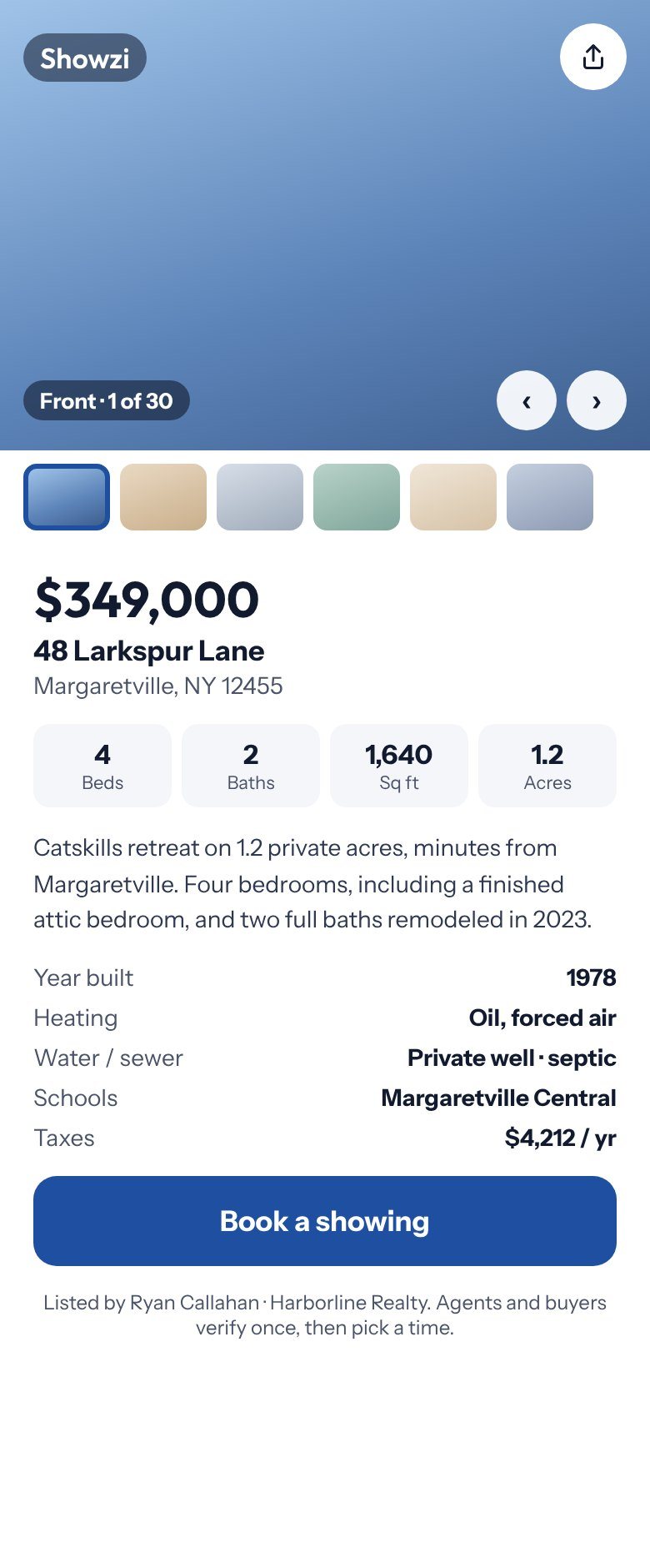 Listing page with photos, price, facts and a Book a showing button