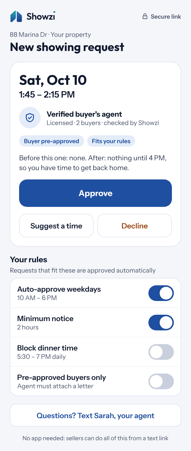 Seller approval screen with Approve, Suggest a time and Decline